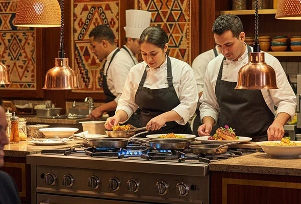 Chef cooking on a gas hob 735x400