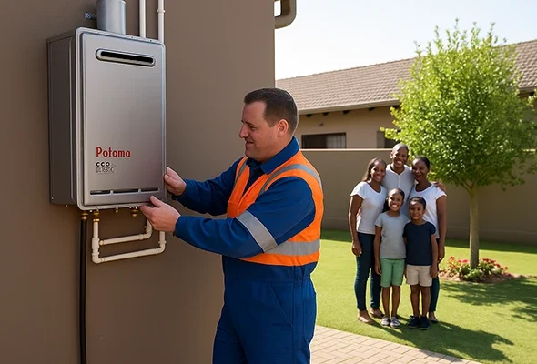 Installing gas geyser with happy customers 735x400